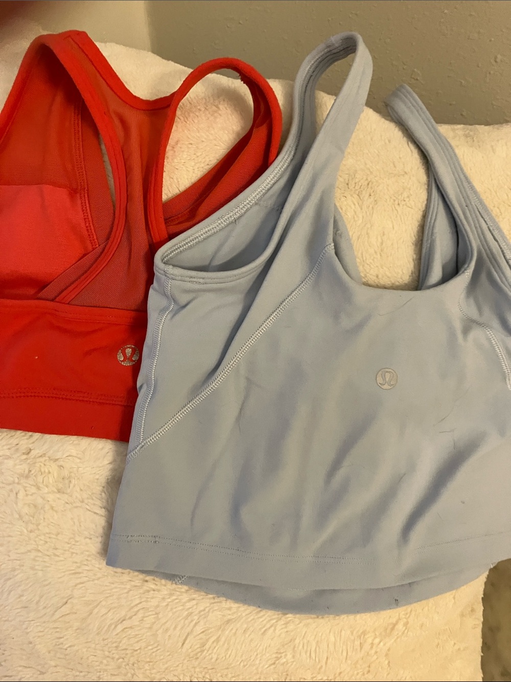 lululemon athletica Light Blue and Red Racerback Sports Bras 4!